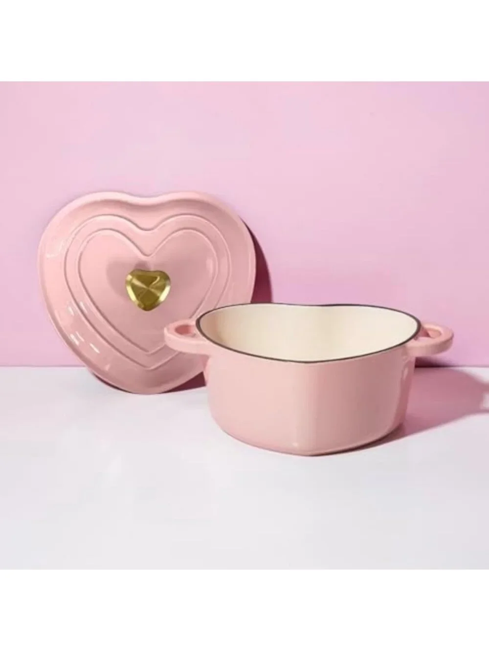 Heart-Shaped Enameled Cast Iron Dutch Oven Pot with Lid, 4-Quart, Pink, Oven